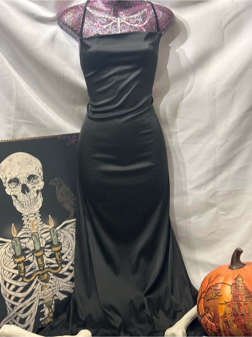 Satin Black Maxi Slip Dress with Thin Straps